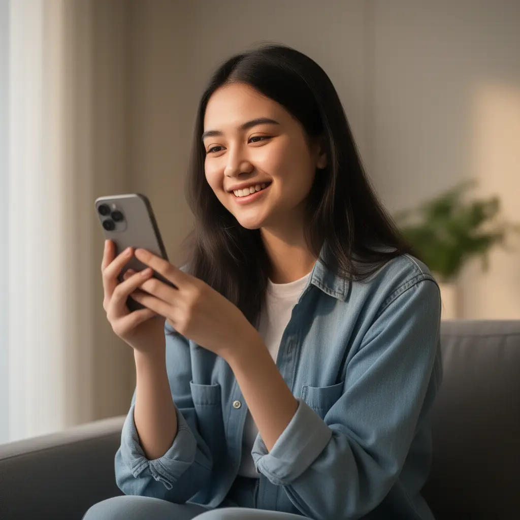 Happy Malaysian woman holding her phone with the APP33 casino app open enjoying a modern mobile gaming experience