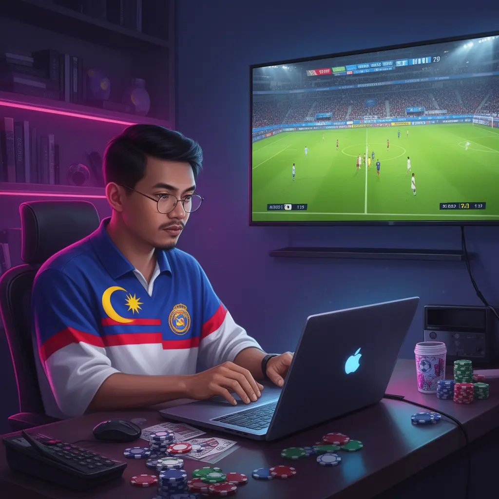Focused Malaysian sports bettor placing online wagers on a laptop while following a live soccer match on TV using the APP33 betting platform