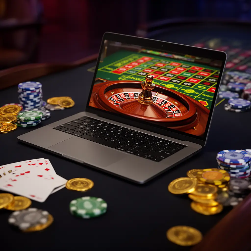 Modern laptop showing a live roulette wheel with vibrant casino chips and cards around it representing immersive online casino gameplay on APP33 for Malaysia