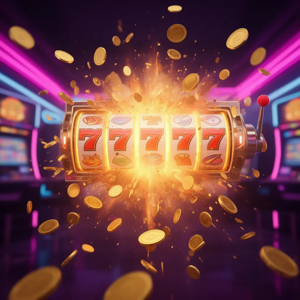 A vibrant slot machine with glowing sevens and cascading gold coins capturing the excitement and luxury of winning at APP33 online casino for players in Malaysia